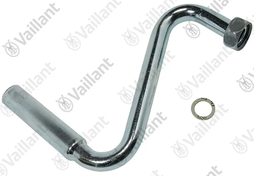 Vaillant Rohr in Form eines gebogenen Rohrs aus Metall, mit einer Verschraubung an einem Ende und einer Dichtungsscheibe daneben.